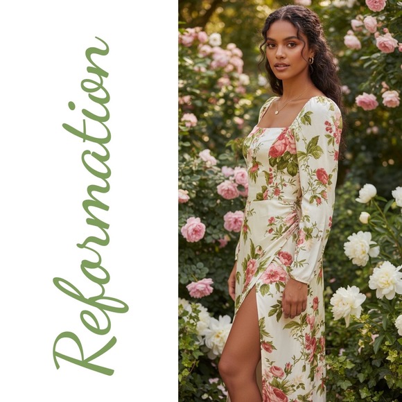 Reformation Dresses & Skirts - REFORMATION Hilda Floral Midi Square Neck Bodycon Dress Jardin NWT Size 4
